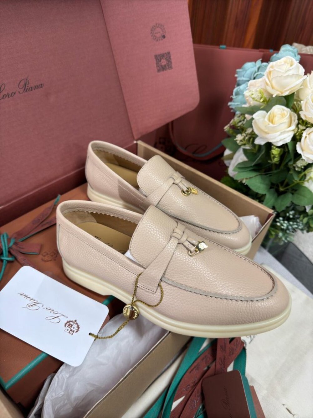 Summer Walk Beige Pebbled Leather Tassel Loafers - Picture 2 of 5
